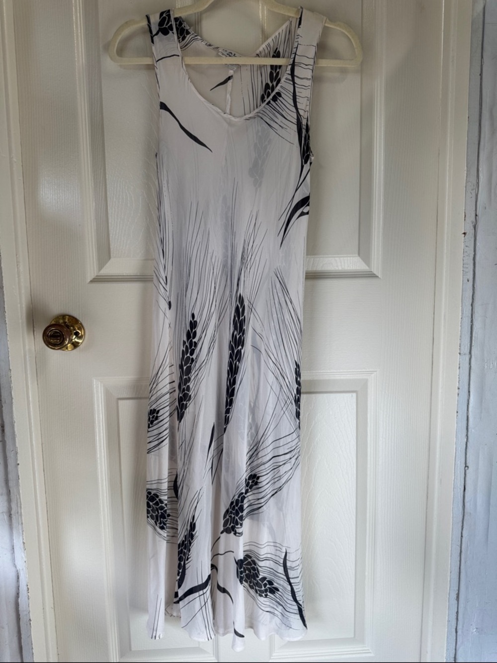 100% Silk Sleeveless White Midi Dress with Black Botanical Print